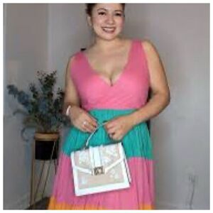 Mira Colorblock Tiered Midi Dress Size 2XL Deep V-Neck Sundress Beach NWT